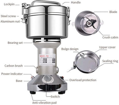 Grain Mill Grinder 750g High Speed Electric Stainless Steel Grinder Cereals Corn Flour Pulverizer Powder Machine for Dry Spice Herbs Grains Coffee Rice Pepper