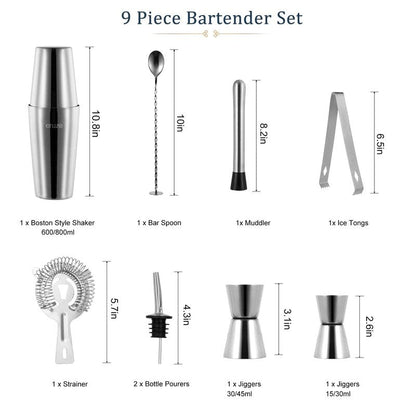 12-Piece Cocktail Shaker Set with Stand – 25oz Bartender Kit Including Shaker Jigger Muddler Bar Spoon Strainer Tongs 4 Pourers & Opener – Gift Box for Home Entertaining