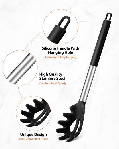 Silicone Spaghetti Spoon & Pasta Tong With Pasta Measurer, 3 Pack of Non-Stick Stainless Steel Handle Pasta Fork Set with Teeth, Food Clip for Easy Serving of Noodles (BLACK)