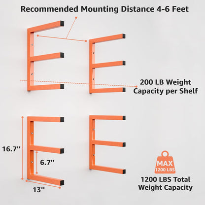 YYR Wood Organizer - Heavy Duty Metal Lumber Storage Rack | 6-Level Wall Mount Holds 1200 LBS - Orange