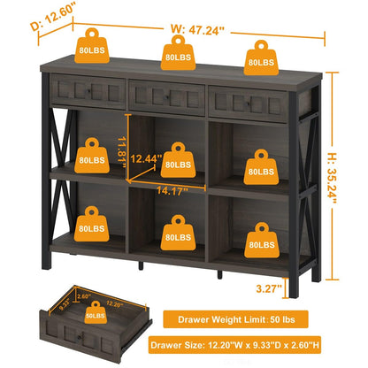 FATORRI Rustic 6 Cube Storage Organizer Bookshelf with 3 Drawers, Short Low Horizontal Bookshelf for Living Room, Industrial Wood and Metal Cubby Bookcase for Home Office (Walnut Brown, 47 Inch)