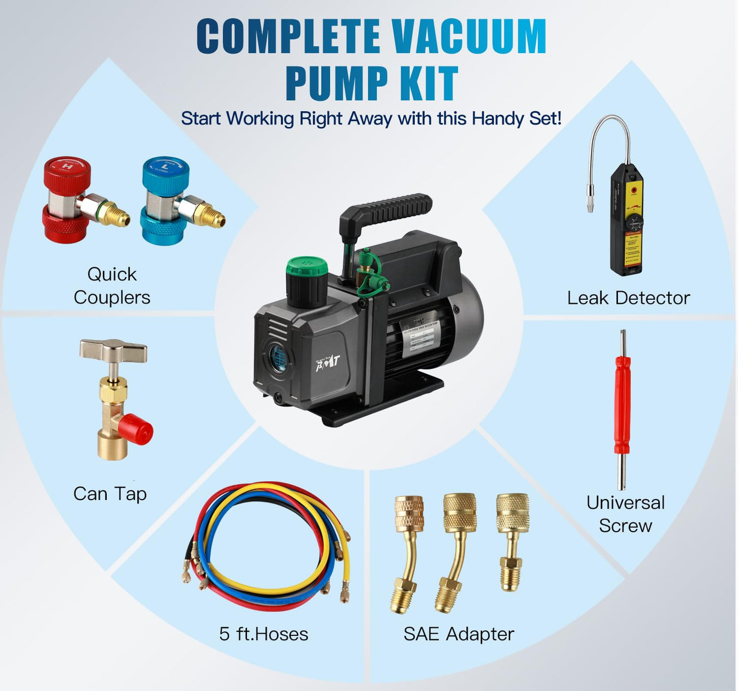 PB Motor TECH 4.5CFM 1/3HP Vacuum Pump with 4-Way AC Manifold Gauge Set for R134a R22 R410a - Includes Leak Detector, Puncture Can Tap, and More