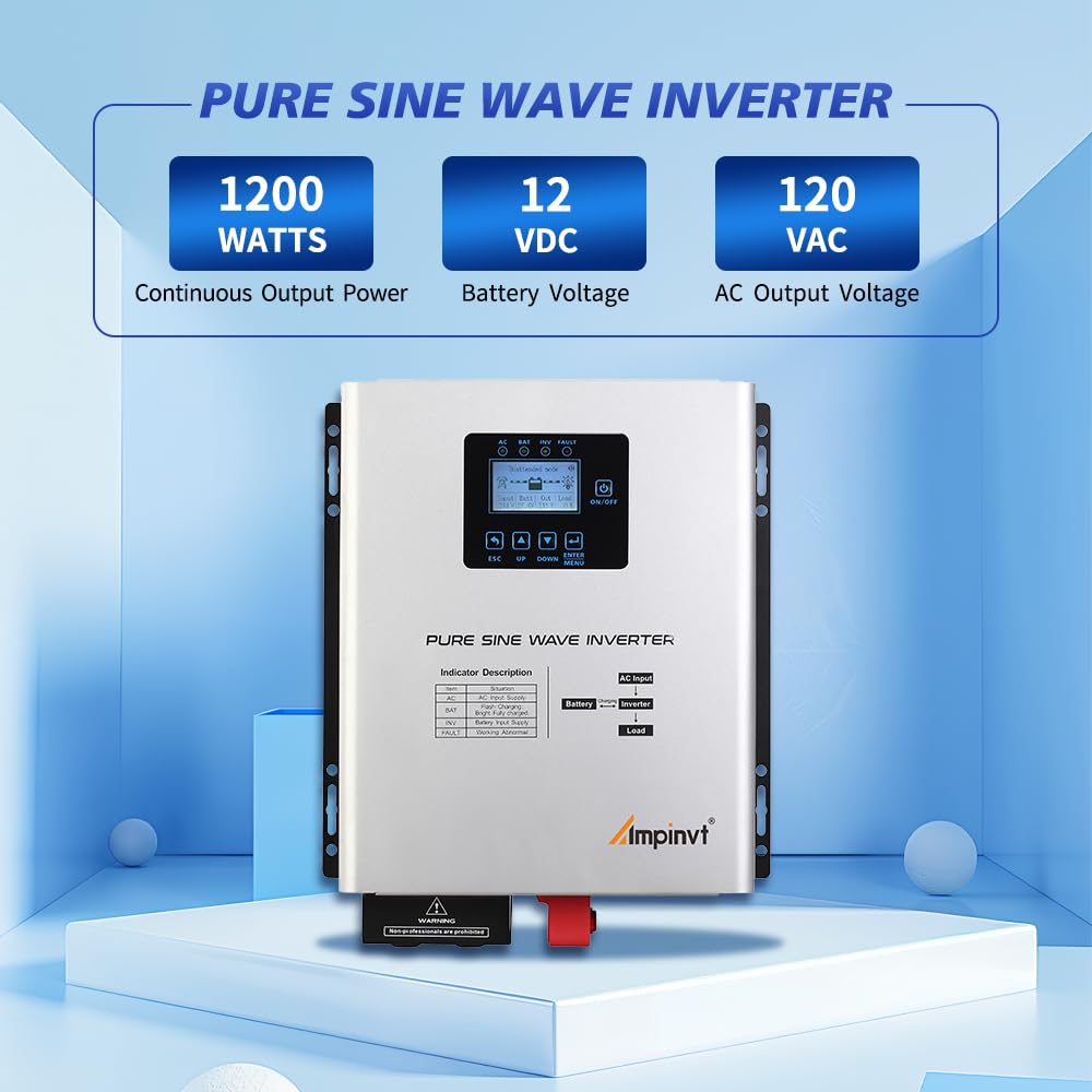 Ampinvt 1200W Pure Sine Wave Inverter with AC Charger, DC 12V to AC 120V Output,UPS Backup Power Low Frequency Inverter for Lithium, Sealed,AGM, Gel,and Flooded Batteries