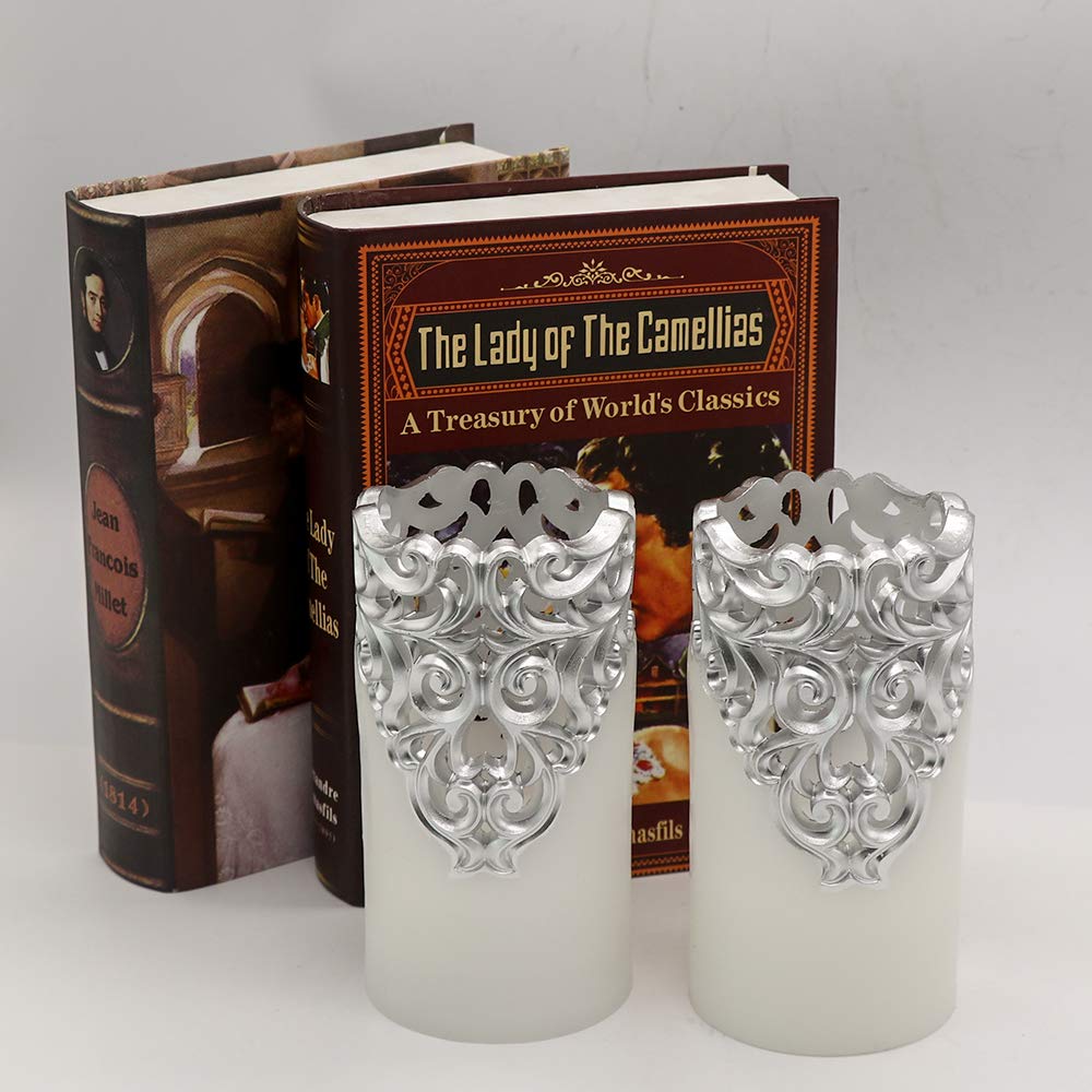 DRomance Hollow Silver Flameless Flickering Candles with 5H Timer, Battery Operated LED Pillar Candles Unscented Wax Warm Light Christmas Home Decoration(Set of 2, 3 x 6 Inches)