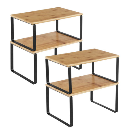 SONGMICS Cabinet Organizer Shelf, Set of 4 Kitchen Counter Shelves, Kitchen Storage, Spice Rack, Stackable, Expandable, Metal and Engineered Wood, Cloud White and Natural Beige UKCS010N01