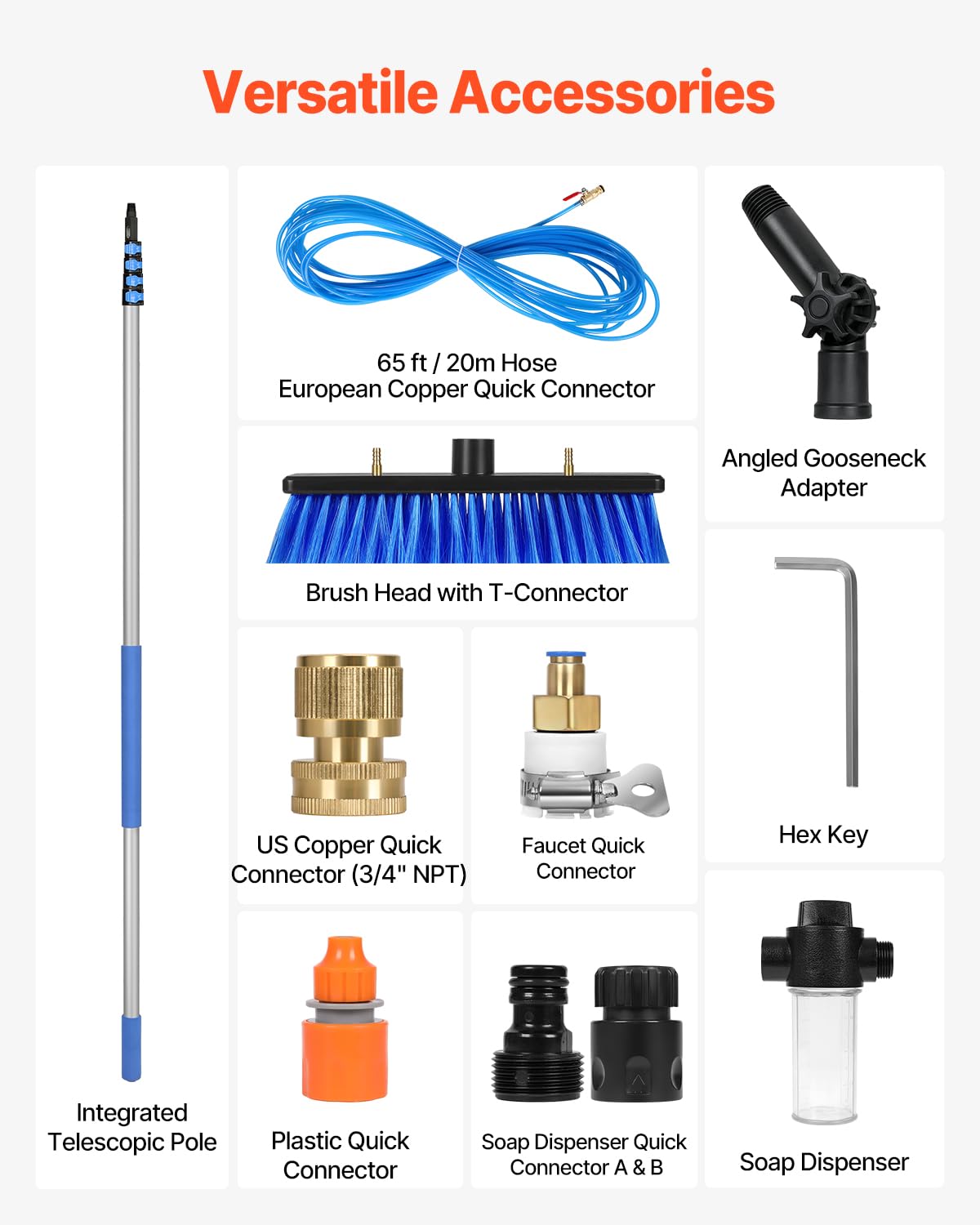VEVOR Water Fed Pole Kit, 30FT Solar Panel Cleaning Pole with Extendable Handle, 180° Rotatable Brush Head & 65.6FT Hose, Household & Outdoor Window Cleaner Tool for Caravan Solar Panel Deck