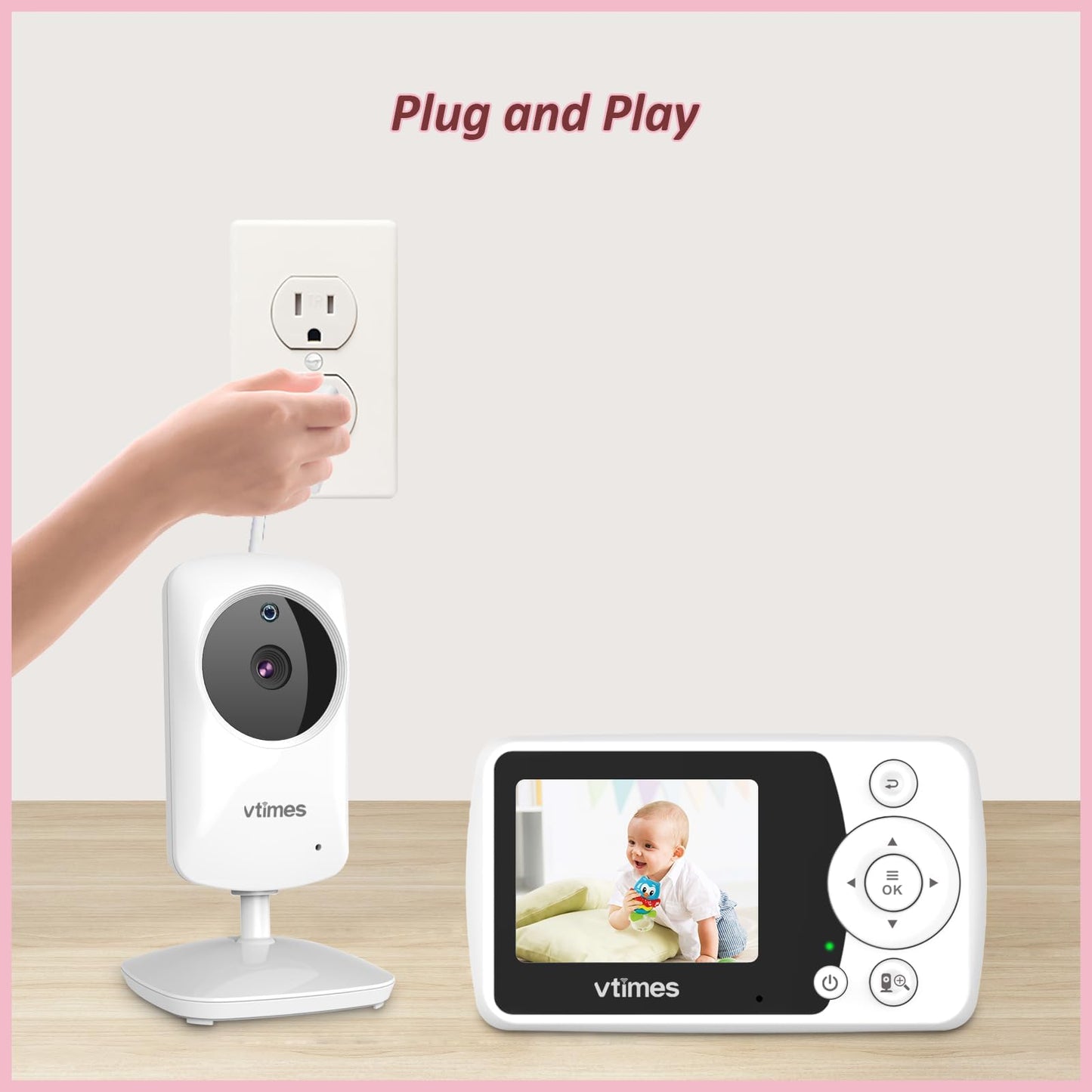 VTimes Baby Monitor with Camera and Audio, 2.4" LCD Screen Video Baby Monitor No WiFi Night Vision, Portable Baby Camera Monitor VOX Pan-Tilt-Zoom Alarm and 1000ft, Ideal for Baby/Elderly/Pet