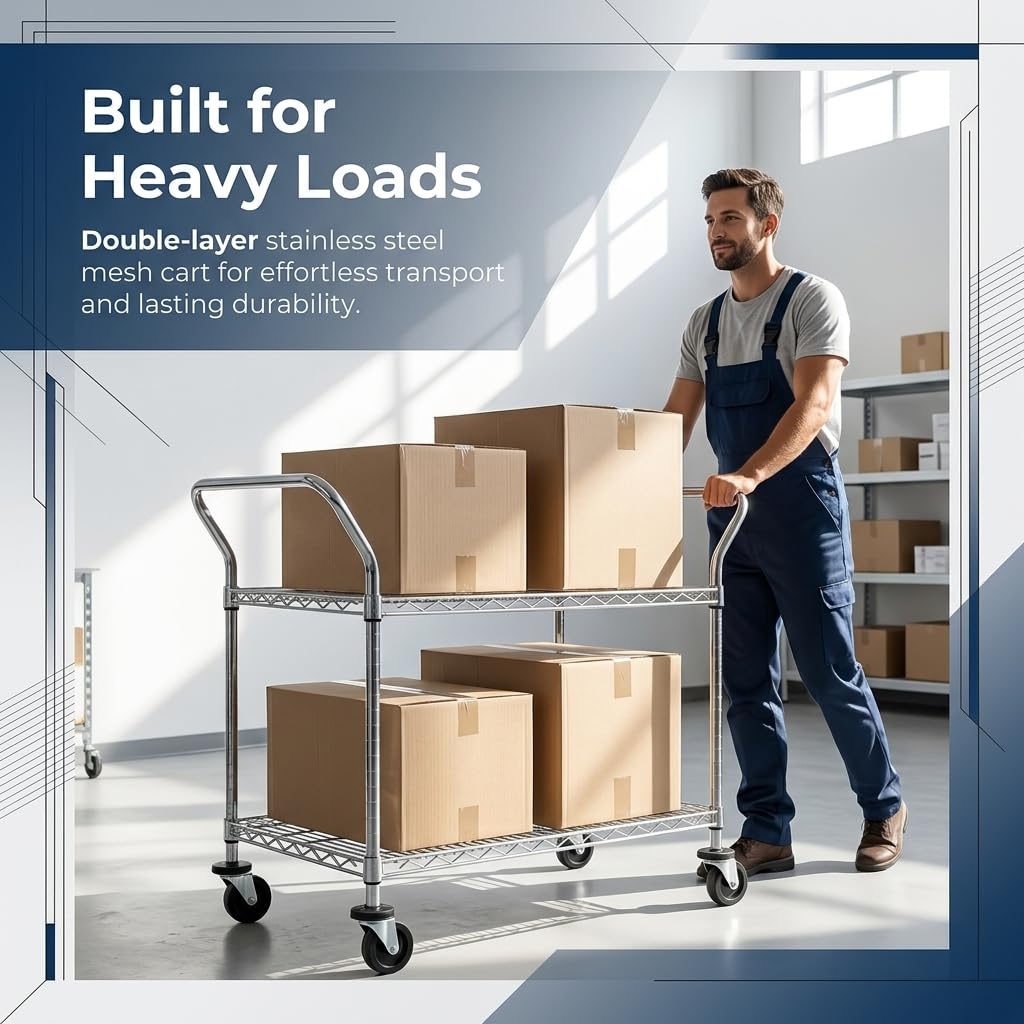 Finnhomy 2-Tier Commercial Grade Rolling Cart, Heavy Duty Utility Cart, Carts with Wheels and Handles, Kitchen Cart on Wheels, Metal Serving Cart with 500 lbs Capacity, Shelf Size 20" D x 36" W, NSF