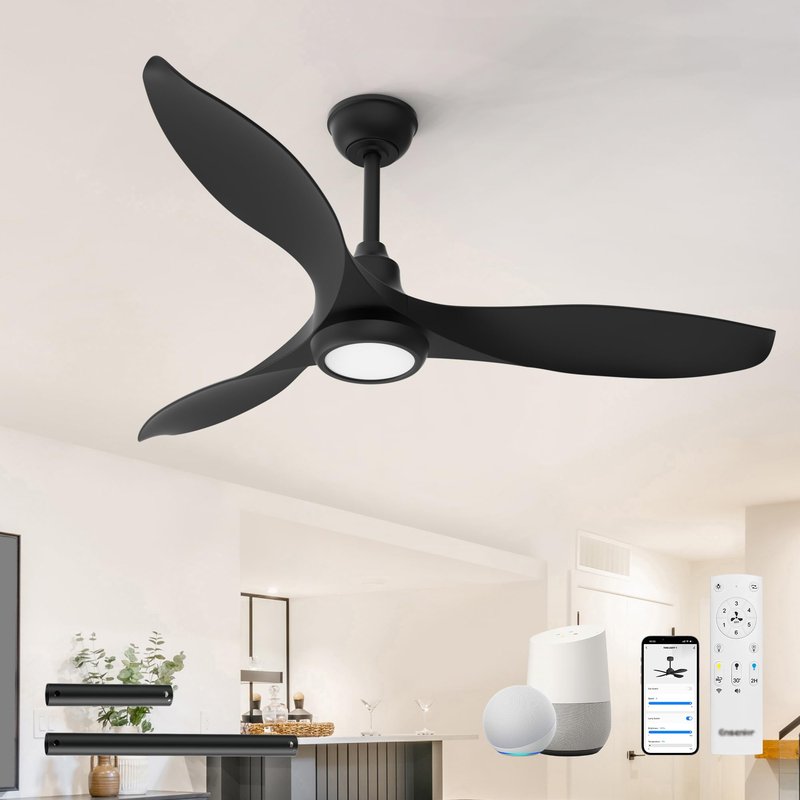 Ensenior 52 Inch Smart Ceiling Fans with Lights and Remote, Control via Alexa Google Voice App, 3000K-6000K Dimmable LED 6-Speed Reversible DC Motor Black Ceiling Fan for Bedroom Living Room, 3 Blades