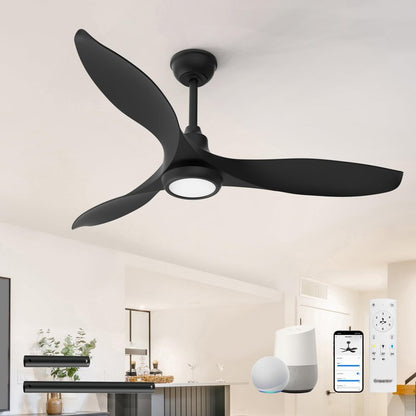 Ensenior 52 Inch Smart Ceiling Fans with Lights and Remote, Control via Alexa Google Voice App, 3000K-6000K Dimmable LED 6-Speed Reversible DC Motor Black Ceiling Fan for Bedroom Living Room, 3 Blades