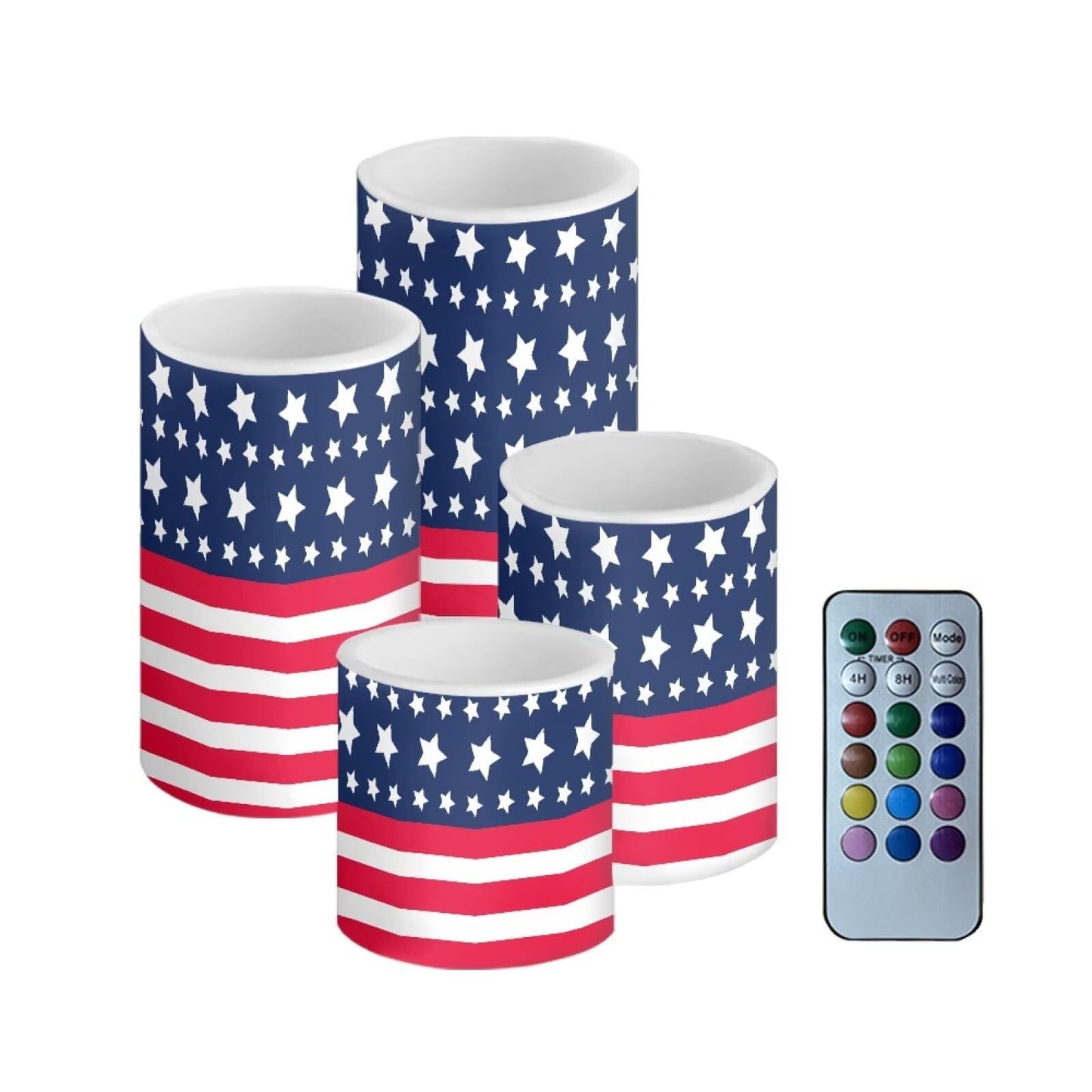 Merkmak American Flag Battery Operated Flameless Candles with Timer Remote 4 Pack Flickering LED Candles for Indoor Outdoor Coastal 4th of July Party Home Decorations