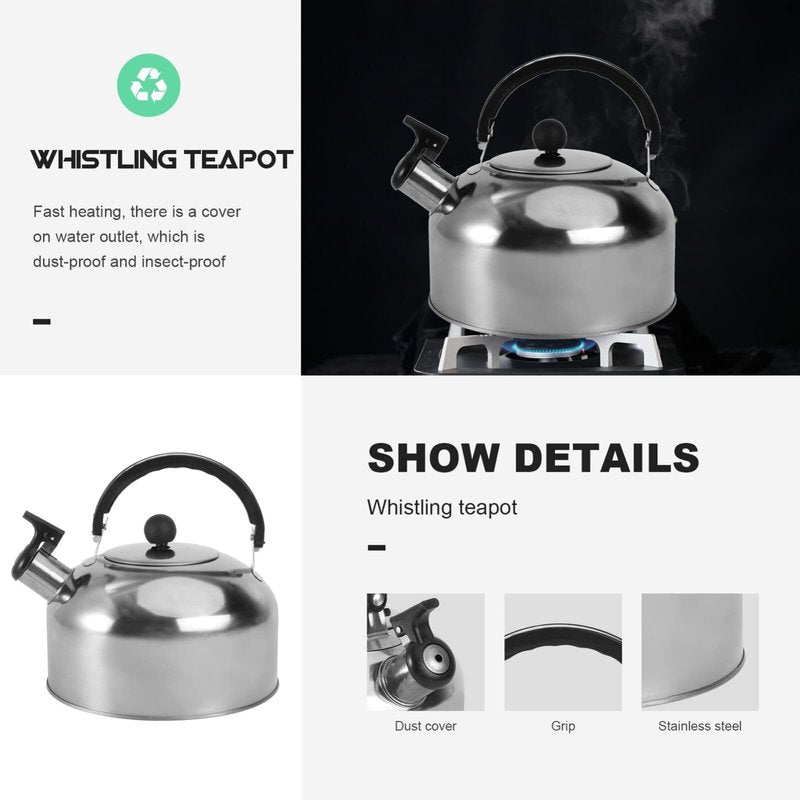 PRETYZOOM Stainless Steel Whistling Kettle for Stove Top and Induction Flat Bottom 7.08In Water Kettle with Ergonomic Handle Fast Heating Pot for Home Camping and Outdoor Brewing