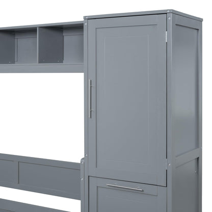 Ball & Cast Murphy Bed Full Size with Five-Layer Cabinet,Solid Wood Storage Hidden Wall Bedframe,W/Folding Designed,Space-Saving,for Home Office,Study,Guest Room,Gray