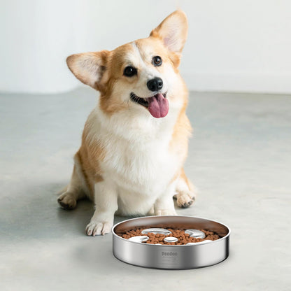 Slow Feeder Dog Bowl, Double Wall Food Grade Stainless Steel, Heavy Duty with Non-Slip Rubber Base, 2Cups Capacity for Medium Dogs to Slow Down Eating