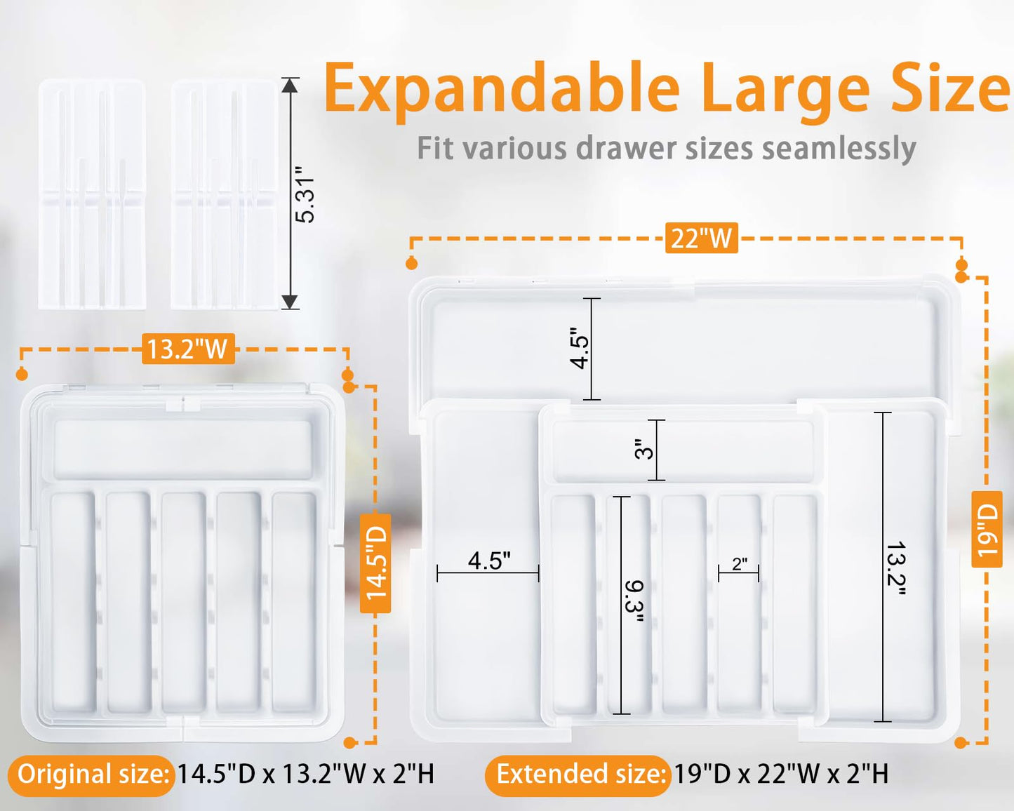 Homecor Silverware Organizer - Expandable Large Kitchen Drawer Organizer Utensil Organizer with 2 Removable Knife Blocks, 22"x 19"Cutlery Tray Drawer Dividers for Kitchen Flatware(6-9 Slots) (Black)