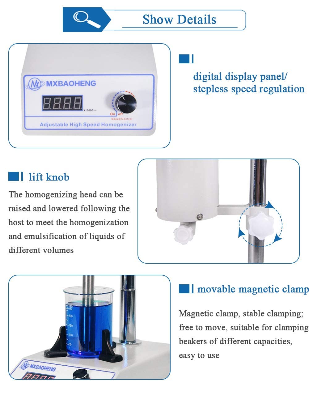 MXBAOHENG High Speed Homogenizer Lab Disperser Emulsifier 5~1000ml Speed Adjustable 6000~22000rpm w/ 2 Working Heads (110V)