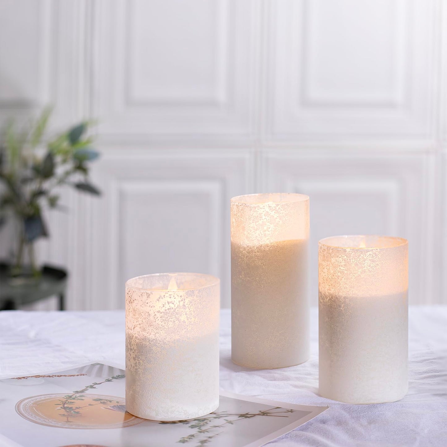 HJANDHJ Flickering Flameless Candles with Remote, Battery Operated Candles with Timer, Sandblasted Glass LED Pillar Candles for Christmas/Home Decorations(White,Set of 3)