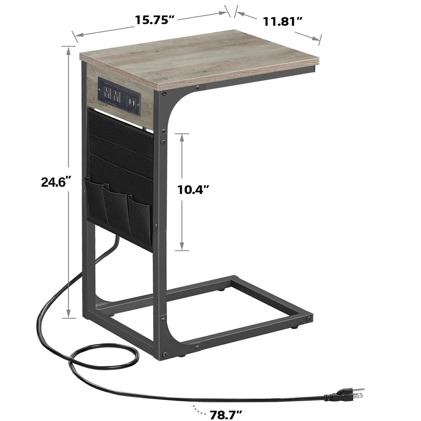 TUTOTAK C Shaped End Table with Charging Station, Side Table for Sofa, Couch Table with Storage Bag, TV Tray Table with 2 USB Ports and Outlets for Living Room, Bedroom TB01BG024