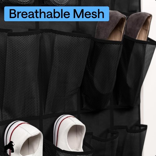 GORILLA GRIP Over The Door Shoe Organizer - 35 Large Breathable Mesh Pockets | Space-Saving Storage, 68.5H x 24.5W, Black