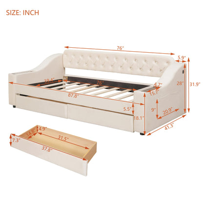 Acosure Twin Size Upholstered Daybed with 2 Large Drawers and USB Port,Bed Frame W/Armrests & Wood Slat Spport,for Bedroom,Apartment,Guest Room,Beige
