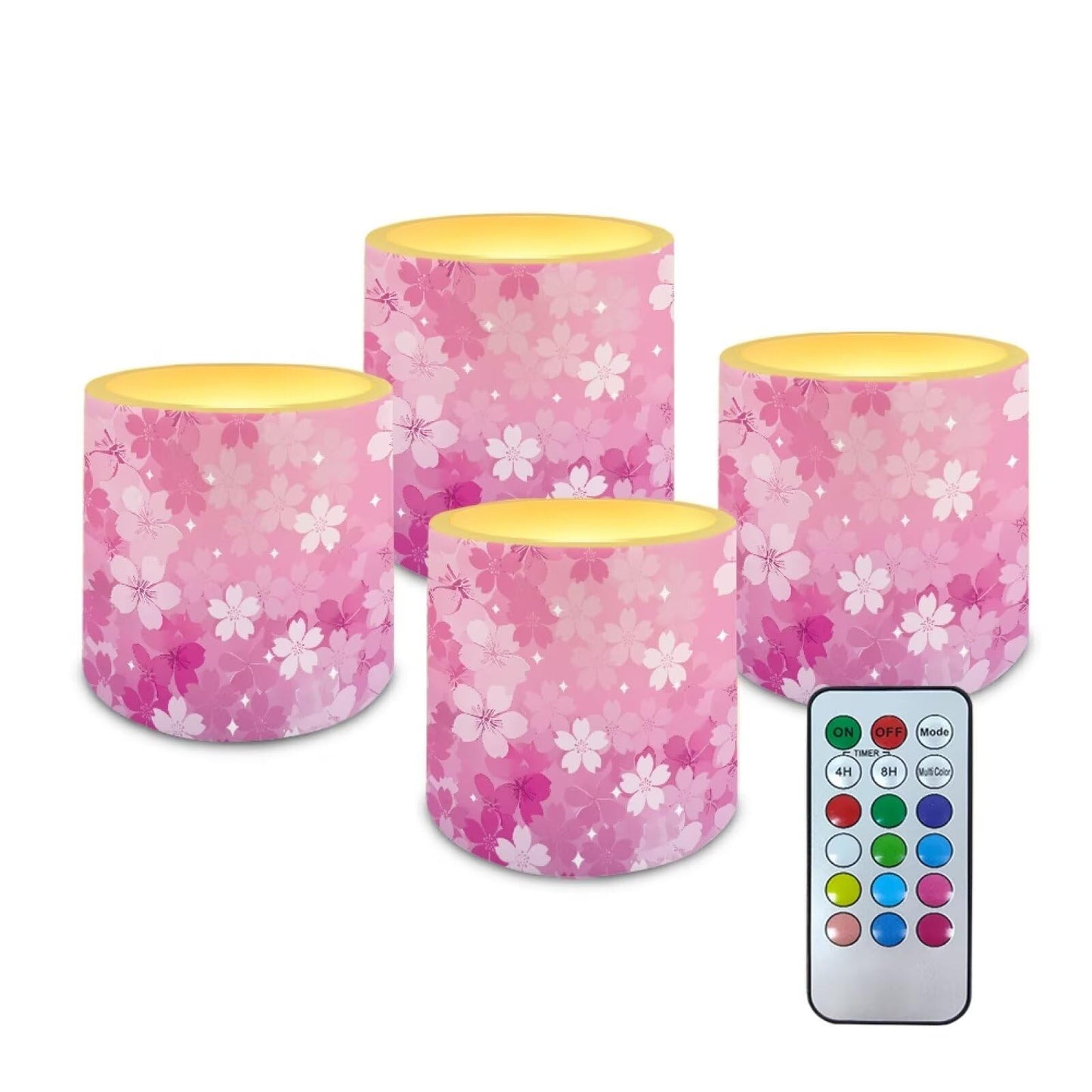 Cozeyat Pink Blossom Flameless Candles 4 Pack Battery Operated with Remote Control Timer LED Pillar Candles Waterproof for Indoor Outdoor