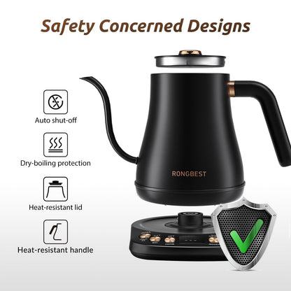 RONGBEST Electric Gooseneck Kettle 1L, 6 Temperature Control Presets, 1200W Quick Heating Water Pour Over Coffee & Tea Pot with Auto Shut-off & Keep-warm, Stainless Steel Inner & Lid, Matte Black