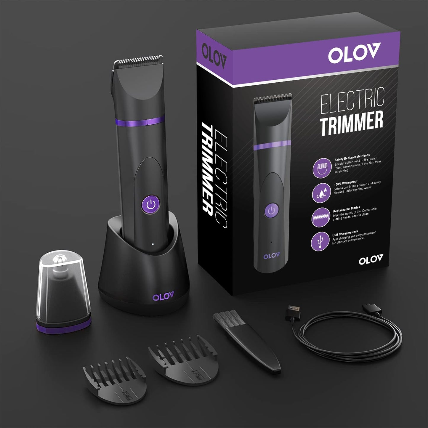 OLOV Electric Body Hair Trimmer - Groin Trimmer for Men - Bikini Trimmer Women - Wet/Dry Shaver Groomer, Replaceable Ceramic Blade Heads, USB Recharge Dock, Waterproof Hygiene Razor,Black