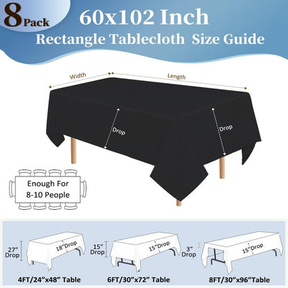 pepmily 8 Pack Black Tablecloths 60x102 Inch Table Cloths for 6 Foot Rectangle Tables, Wrinkle Resistant Washable Rectangular Fabric Table Cover for Dining Wedding Banquet Camping Party