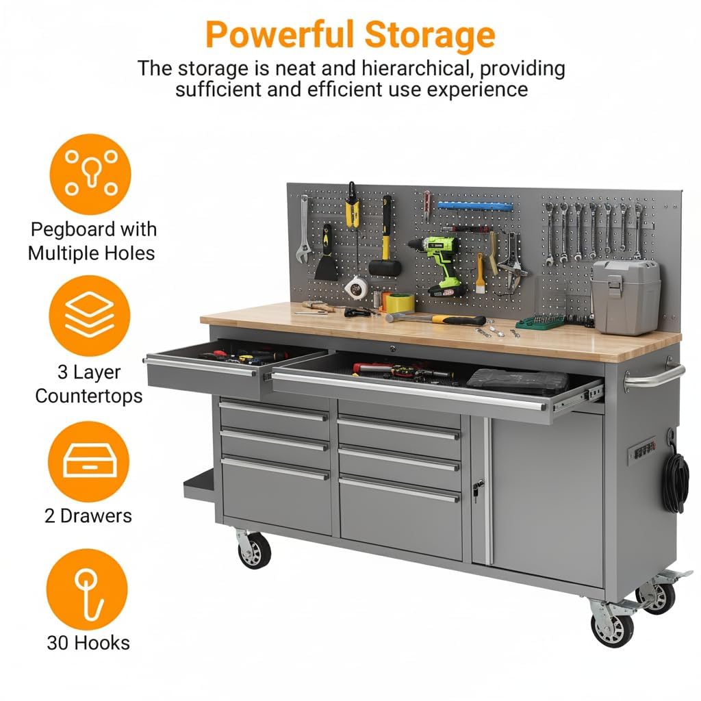 61 Inch Rolling Tool Chest, 10 Drawers Garage Workbench Storage Tool Cabinet with Rubber Wood Top, 1675 LBS, Power Strip, Locking System, Drawer Liners for Garage, Warehouse and Repair Shop, Silver