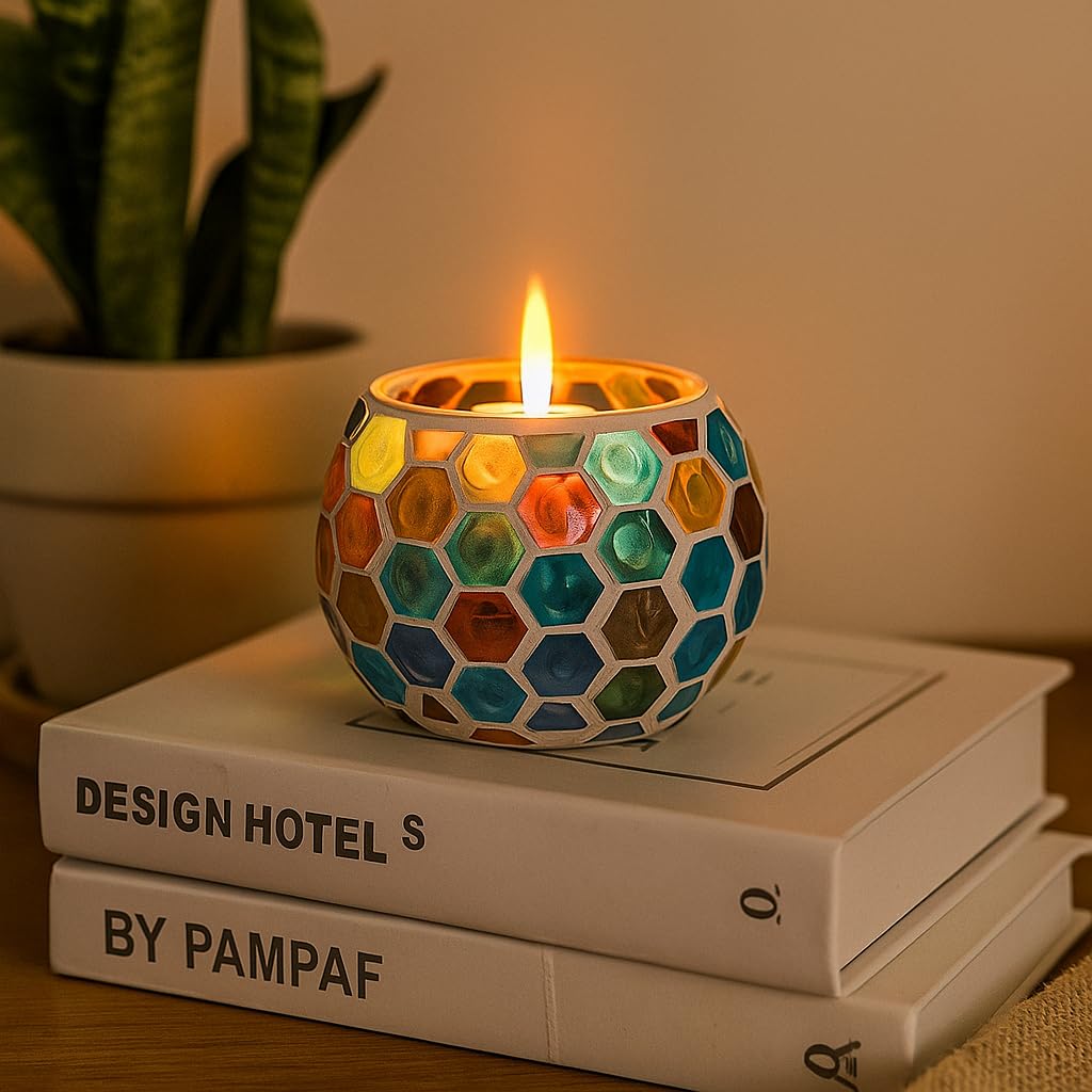 Okllen 4 Pack Glass Votive Candle Holders, Mosaic Tealight Bowls Round Decorative Candle Holder, Handmade Romantic LED Candle Lamps Holder for Home, Table, Party, Wedding Decor, 4 Styles