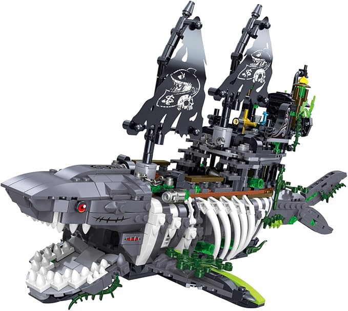 Ghost Shark Pirate Ship Mini Building Blocks Set (1155 Pieces) Building Set Model Toys Gifts for Kid and Adult Interesting Gifts for Pirate Ship Enthusiasts