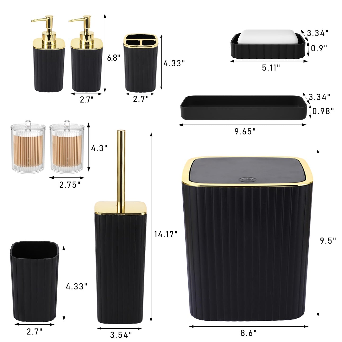 XLHOMO Bathroom Accessories Set - Gorgeous Black Bathroom Set, 10PC Bathroom Accessory Set, Toilet Brush, Trash Can, Qtip Holder & Soap Dispenser