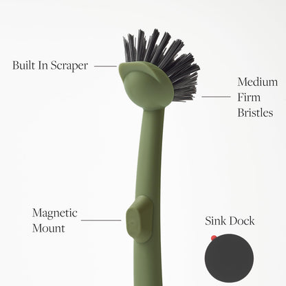 Earth & Mango Magnetic Dish Brush & Scraper, Snaps to Sink, Non-Scratch, Dishwasher Safe, Dish Scrubber – Moss Green