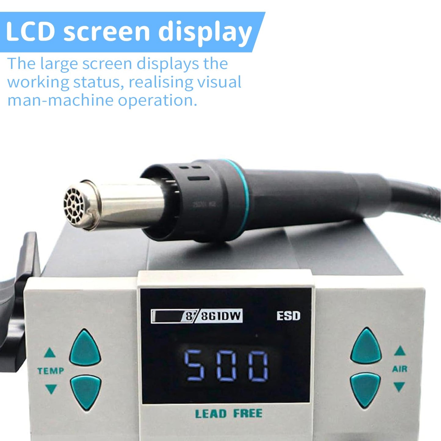 Hot Air Station, 861DW Hot Air Rework Station 110V 1000Watt Digital Display Automatic Sleep Adjustable Temperature Hot Air Soldering Station for Miro Soldering Rework with 7PCS Free Nozzles