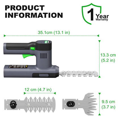 WORFCI 12V Mini Cordless Grass Shear & Hedge Trimmer, 2-in-1 Handheld Electric Shrub Trimmer/Bush Cutter, Battery and Charger Included (WHT12)