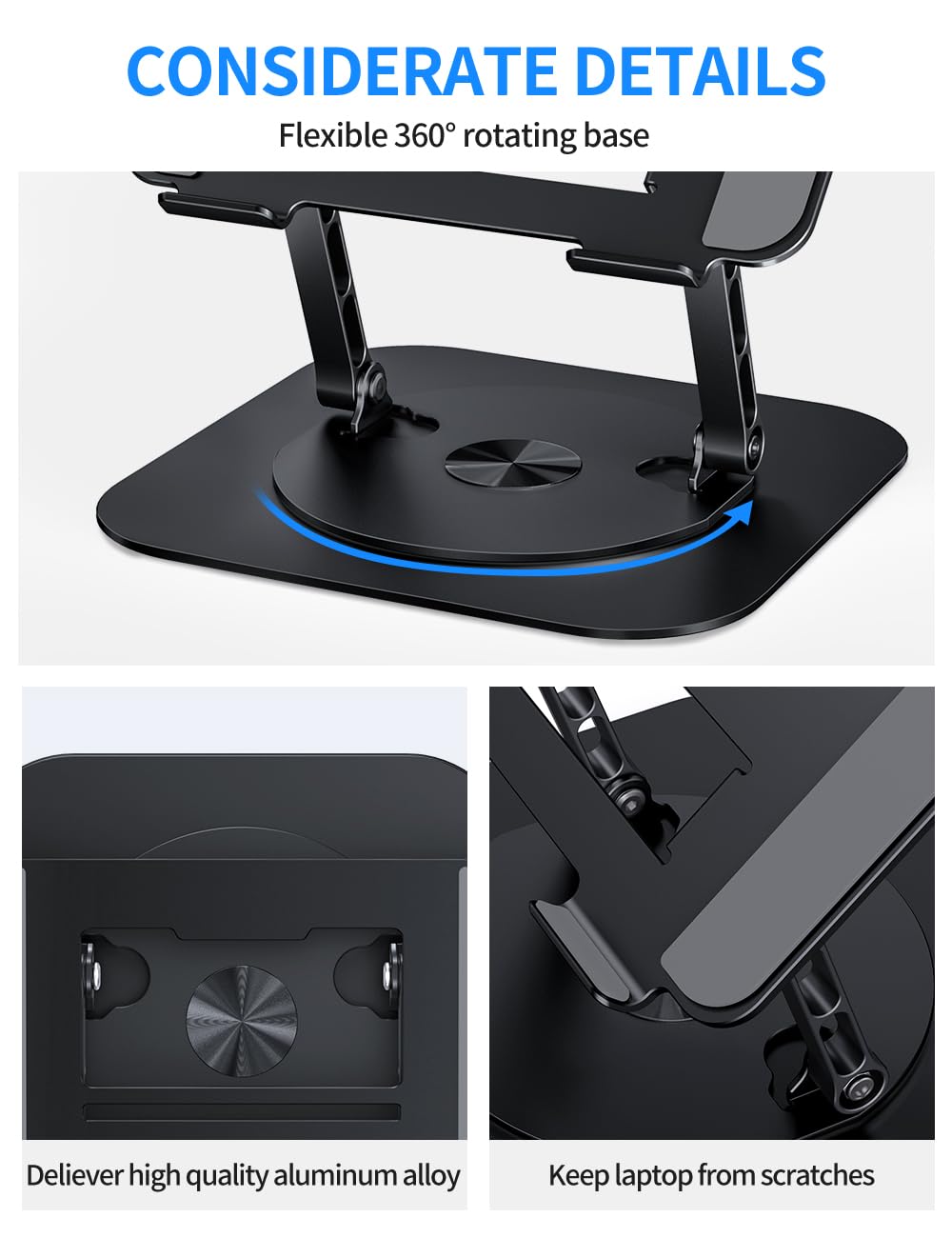 Adjustable Computer Stand with 360 Rotating Base, Ergonimic Foldable Laptop Riser for Desk Compatible with MacBook Pro/Air Notebook up to 16 Inches, Silver