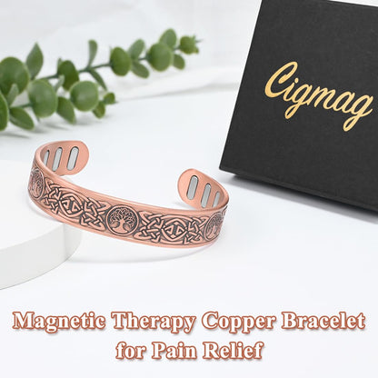 Cigmag Copper Bracelet for Men, with Powerful 9X 5000 Gauss Magnets, Adjustable Solid Pure Copper (Celtic Lotus Life Tree)