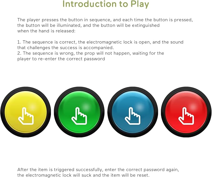 Escape Room Props 5 Colors Buttons Mechanism Press It In Order To Control 12V Magnet Lock For Exit Game Owner Player Adventurer (7 Buttons No Audio)