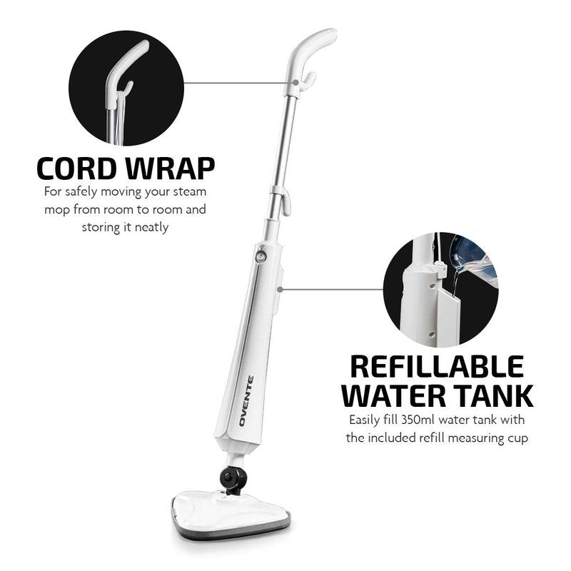 OVENTE Electric Steam Mop Cleaner, 1300W Floor Steamer with Swivel Head, Refillable Water Tank and Washable Microfiber Pad for Cleaning Carpet, Hardwood, Laminate Floor, Tiles and Grout, White ST405W