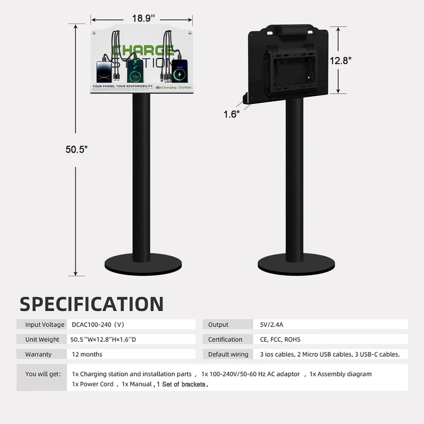 Floor Stand Cell Phone Charging Station Mobile Phone Charging Station | Fast Charging 8 Device | Compatible with Apple Tablets Android Port | Great for Offices Hotel Hospital Airport (White)
