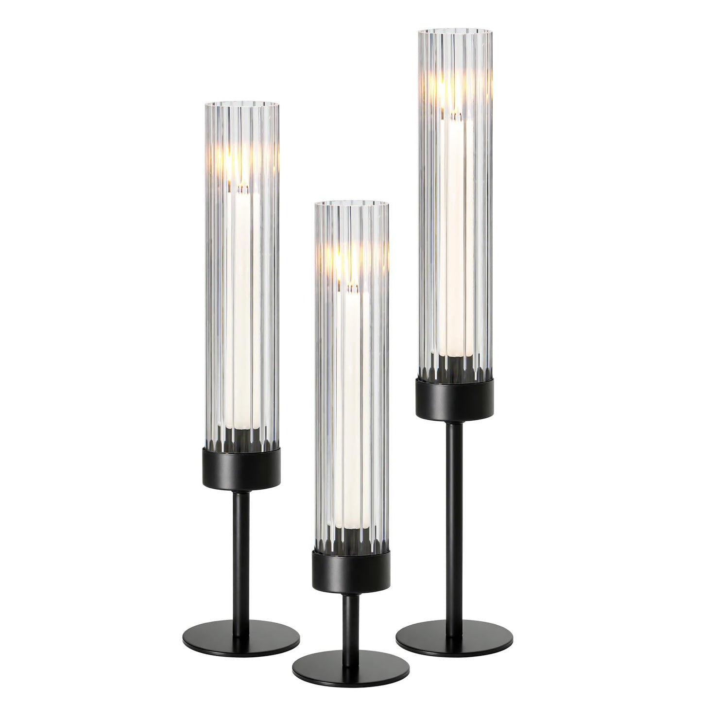 Metal & Acrylic Taper Candle Holders Set of 3 with Ribbed Design - Hurricane Clear Cylinder Candelabra for Wedding, Christmas, Party, Dining Table Centerpiece Decor (Black, Set of 3)