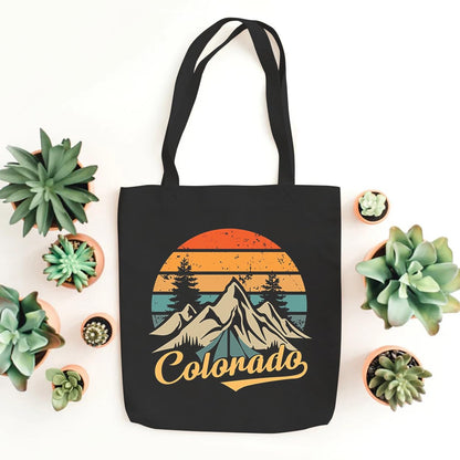 Hiking Camping Canvas Tote Bag for Women Colorado Mountain Shopping Bag Eco-Friendly Reusable Grocery Bag Black