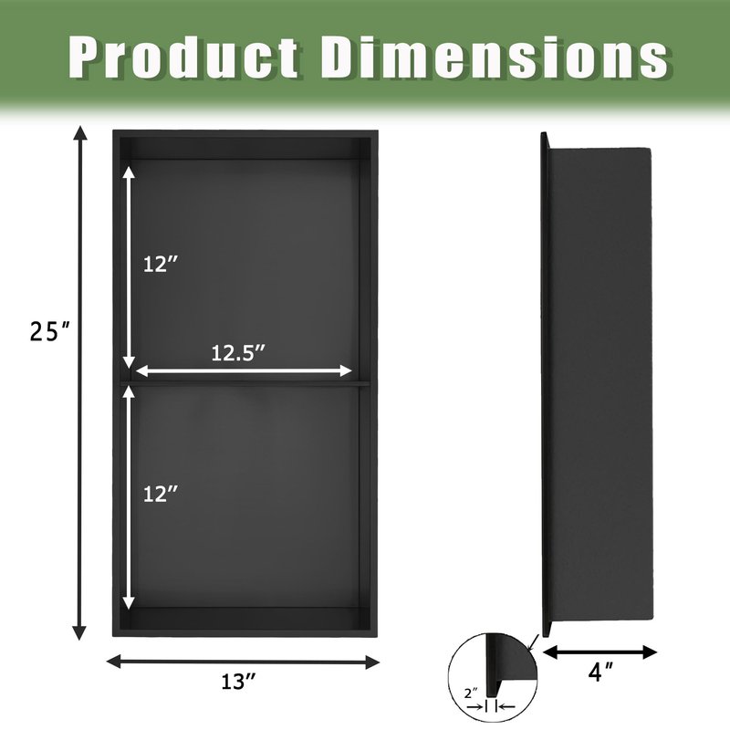 HOTIS 12"×24" Black Double Selves Shower Niche, Stainless Steel Recessed Bathroom Niche, No Tile Needed Bathroom Wall Niche, Waterproof Recessed Wall Mounted Insert Storage Caddy, Matte Black