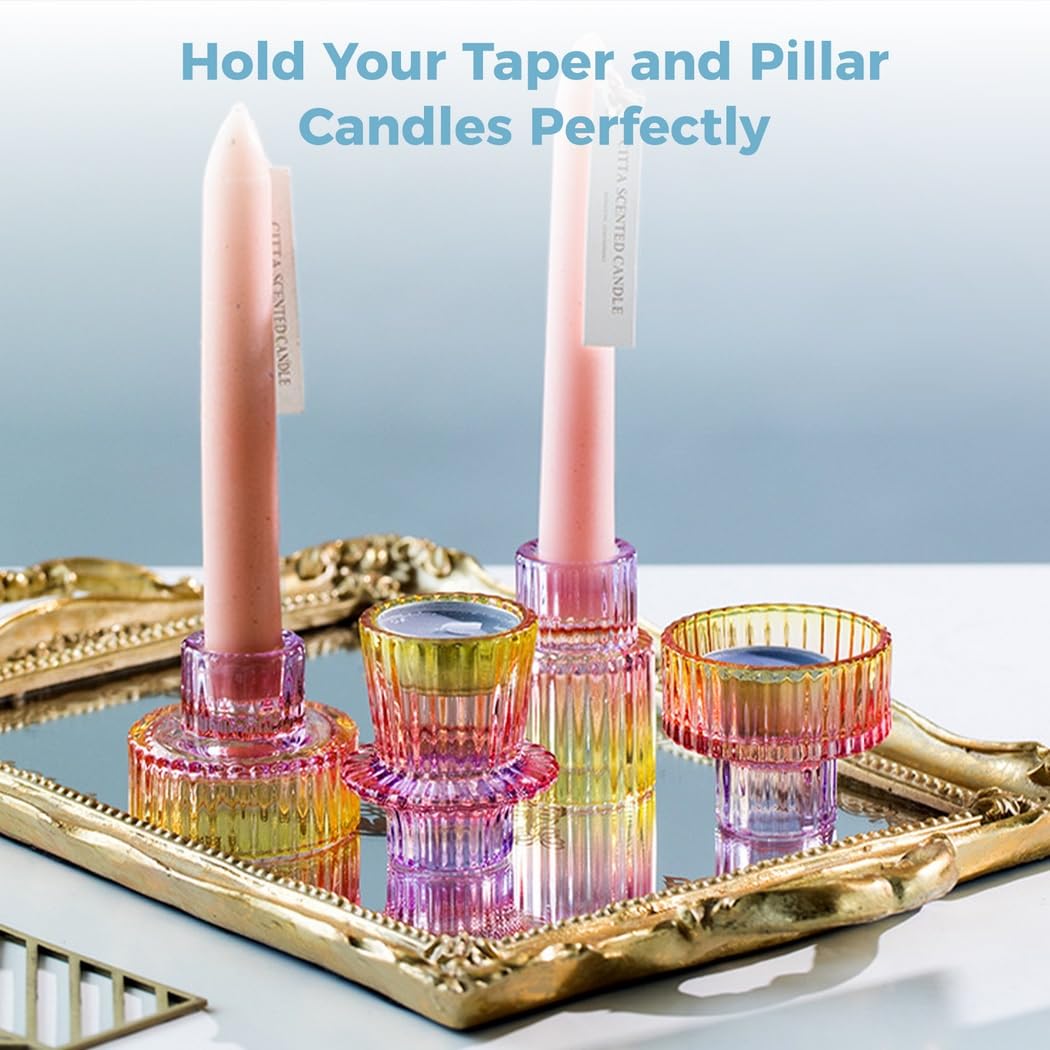 Set of 3 Colorful Glass Candlestick Holders for Taper, Tealight, and Pillar Candles – Perfect for Weddings, Parties, and Festivals