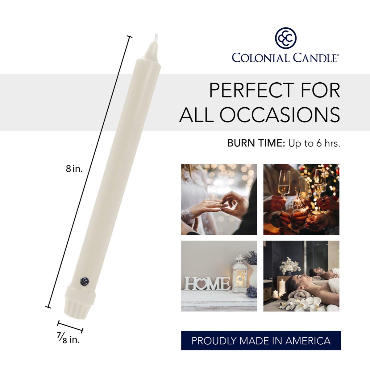 Colonial Candle Unscented Taper Candle, Classic Collection, Black, 8 In, Pack of 12 - Up to 6 Hours Burn