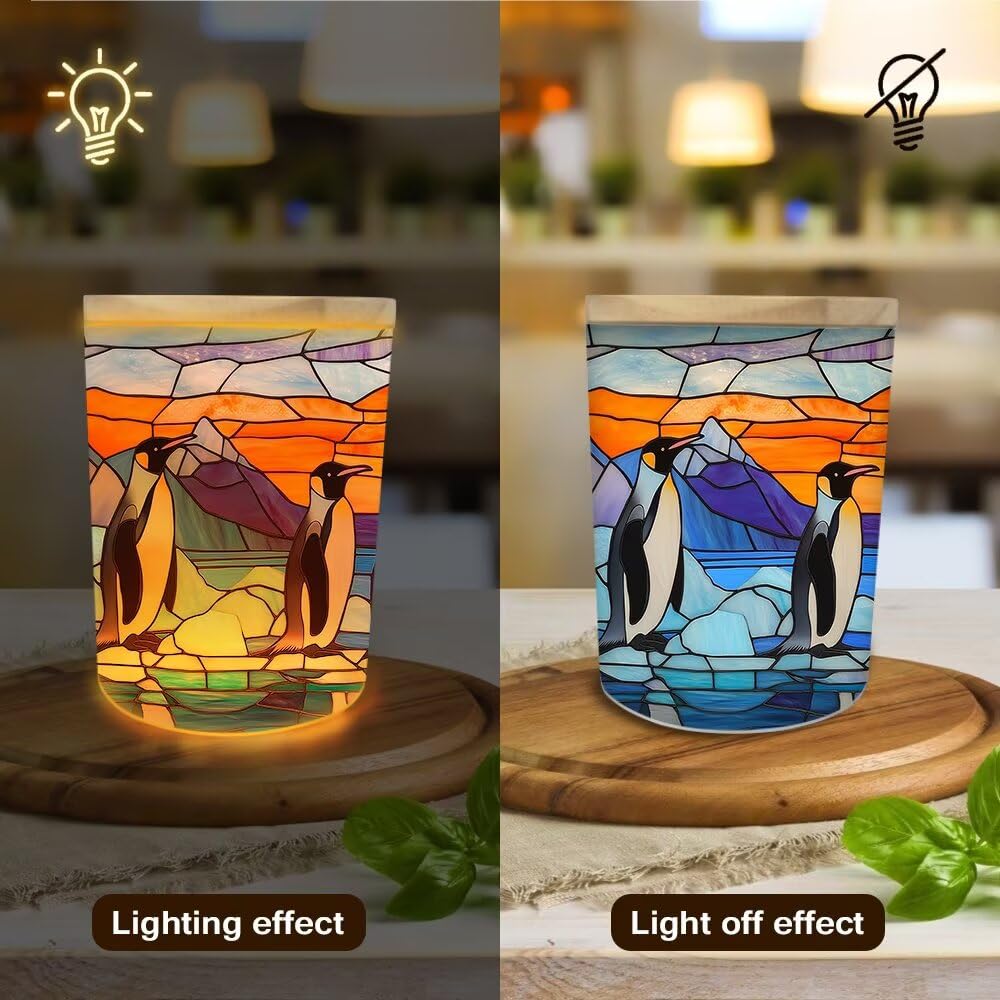 Stained Glass Penguin Tea Light Candle Holders, Arctic Scene Tealight Candle Holder Jar with Wooden Lid, Votive Candlesticks for Table Centerpieces, Christmas,Birthday Party,Home Decor