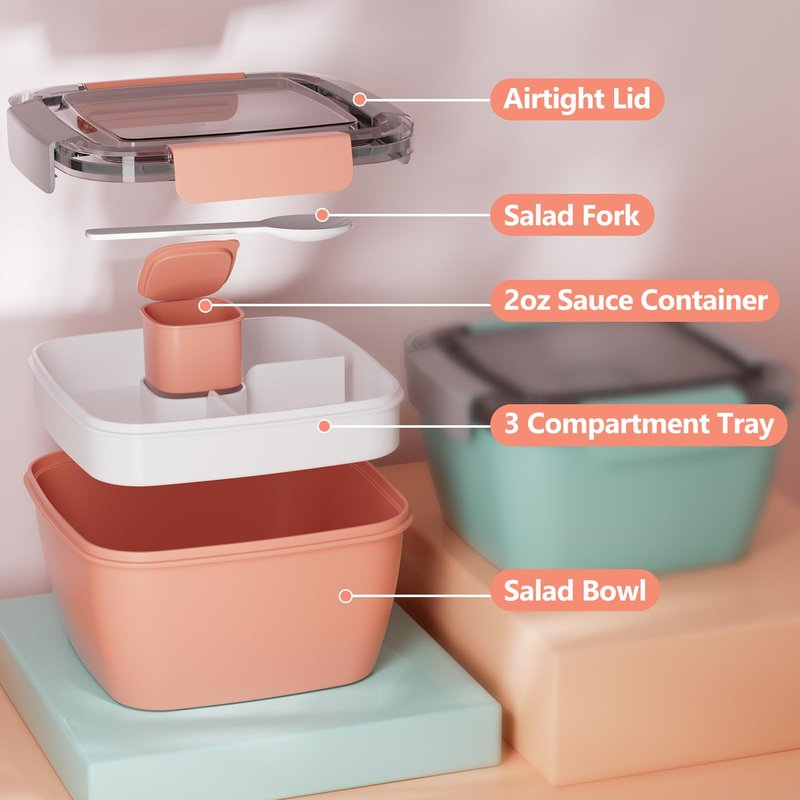 Cherrysea Salad Lunch Container, 2Pack Salad Bowls with 4Compartments Tray, Leak Proof Lunch Box with Fork for Men,Women BPA-Free Snack Container with Sauce Container for Dressings - Blue/Pink
