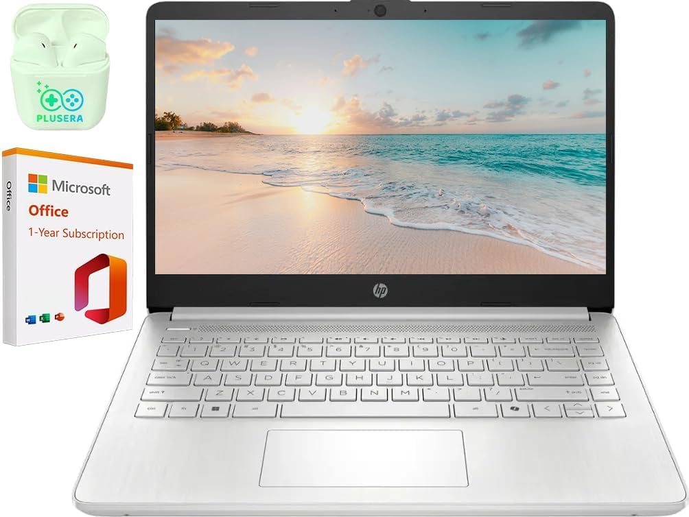HP 14" Business Laptop Computer with 1-Year Office 365, Intel Quad-Core N150 Processor, 8GB RAM 640GB Storage (128GB UFS+512GB SD Card), Windows 11 S, PLUSERA Earphones, Natural Silver