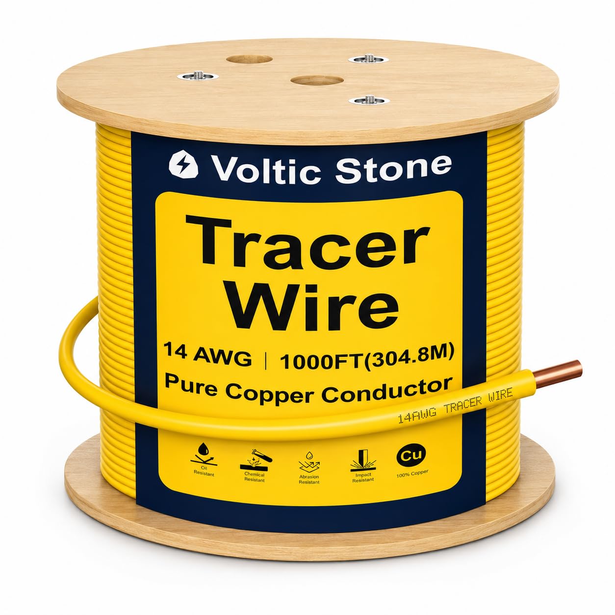 Voltic Stone 14 AWG Yellow Gas Line Tracer Wire, True Gauge 100% Solid Copper Direct Burial Underground Locating Cable, 30/600V Rated, HDPE Jacket, Corrosion-Resistant for Natural Gas & Propane