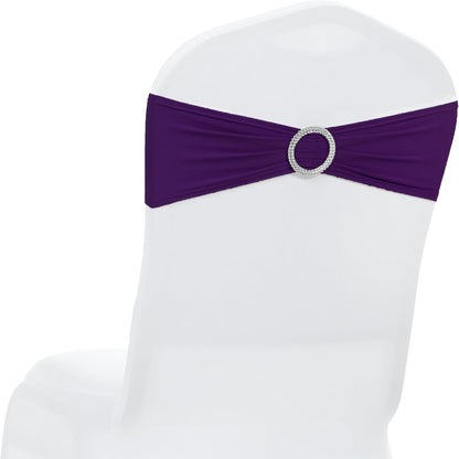MDS Premium Spandex Chair Sashes - Pack of 10 Stretch Covers with Buckle Slider | Purple for Weddings & Events